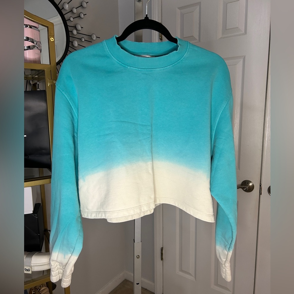 APPARIS 100% Organic Cotton Ombre Cropped Sweatshirt Large Turquoise White